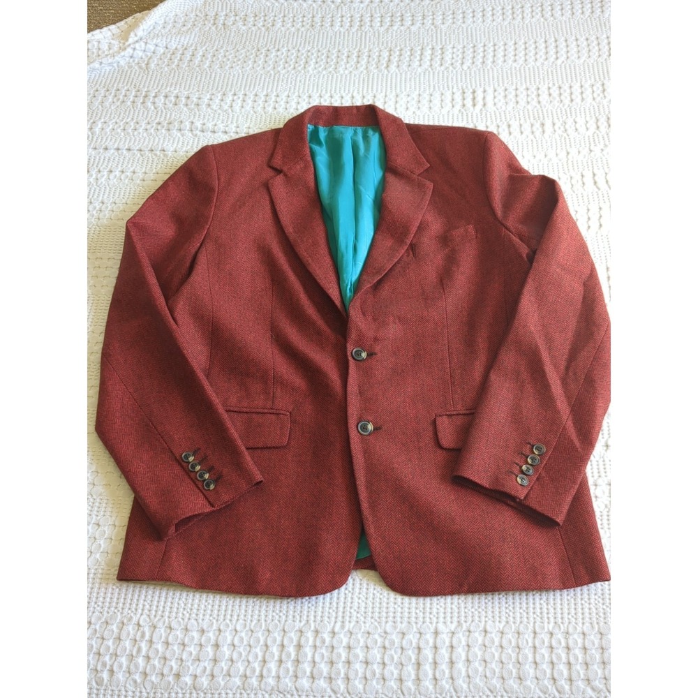 Mr Turk Blazer Herringbone Wool Blend Red Turquoise‎ 2 Button Size 44